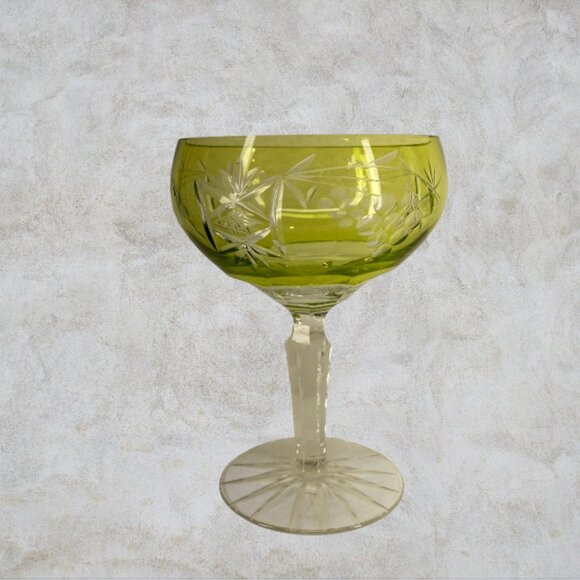 Champagne Coupes -- Green/Yellow Bohemian/Czech Cut-to-Clear Crystal, Set of 2 - Picture 3 of 6